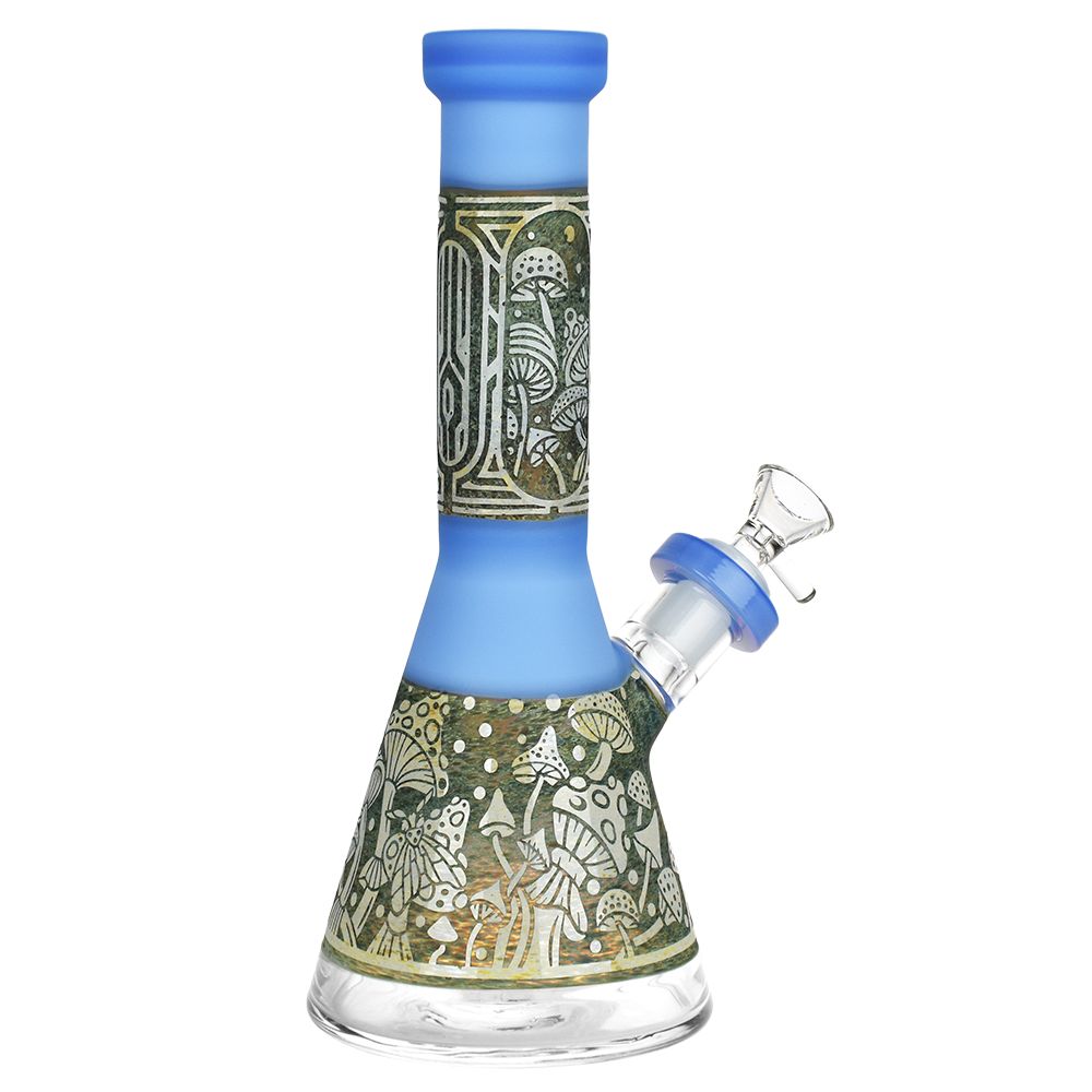 Mushroom Melange Etched Beaker Glass Water Pipe - 9" / 14mm F / Colors Vary