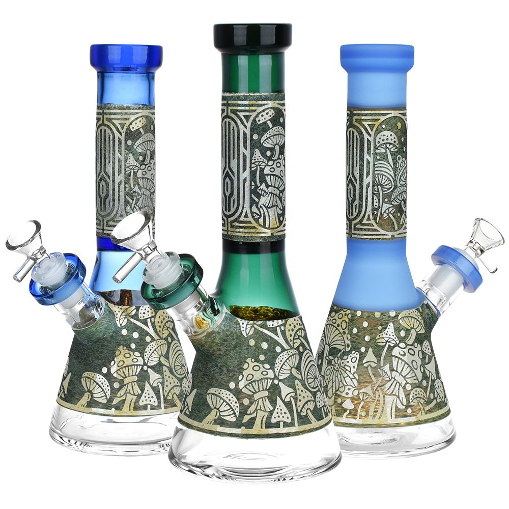 Mushroom Melange Etched Beaker Glass Water Pipe - 9" / 14mm F / Colors Vary