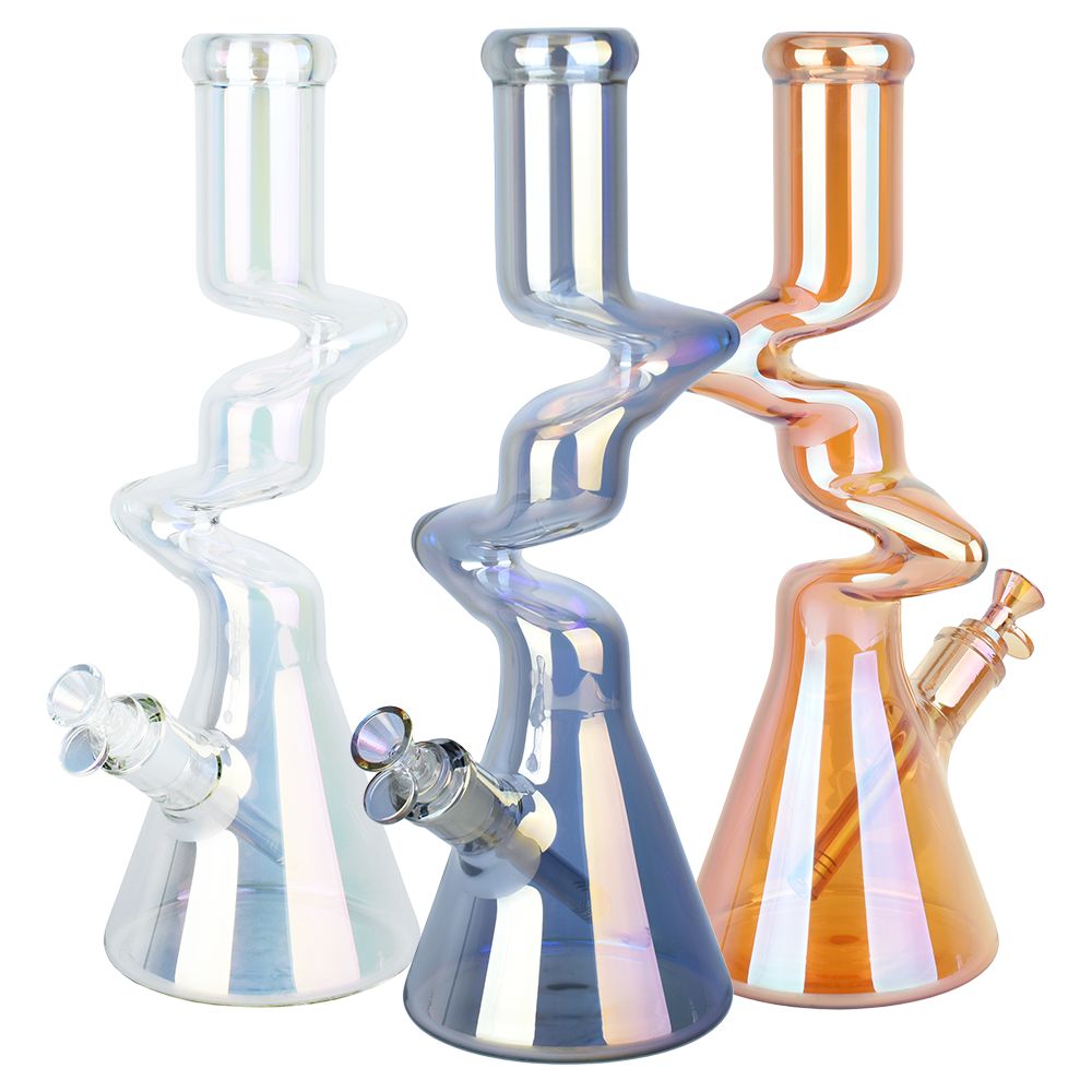 Twisty Tunnel Electroplated Glass Water Pipe - 14.75" / 14mm F / Colors Vary