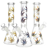 Stylized Hemp Leaf Glow in Dark Glass Water Pipe - 10" / 14mm F / Colors Vary
