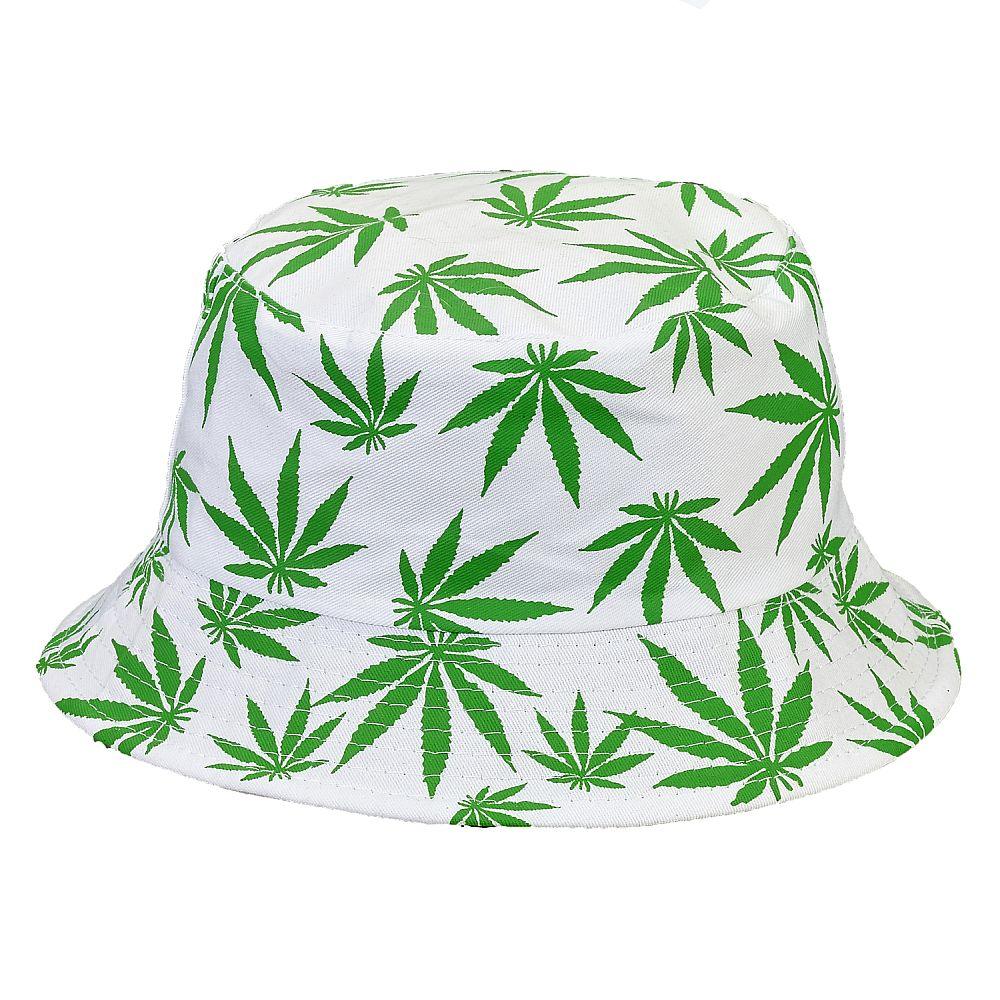 bucket hat - white hat with green leaves - SmokeWeed.com