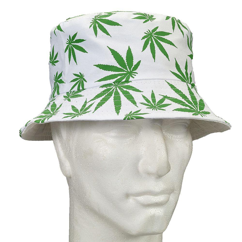 bucket hat - white hat with green leaves - SmokeWeed.com