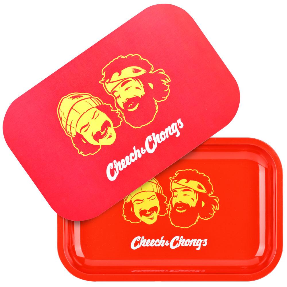 Cheech & Chong x Pulsar Metal Rolling Tray W/ Lid - Red Faces / 11" x 7" - SmokeWeed.com