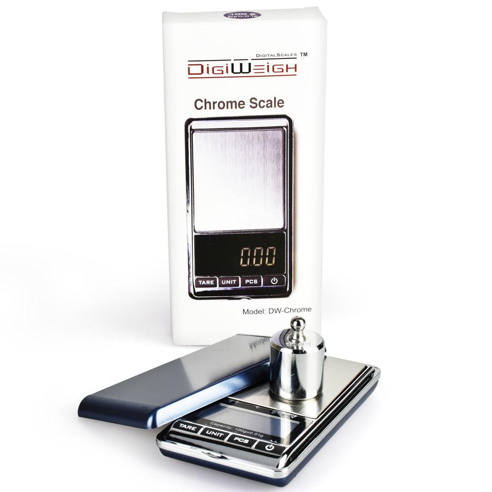 DigiWeigh Chrome Digital Pocket Scale w/ Weight | 100g x 0.01g - SmokeWeed.com