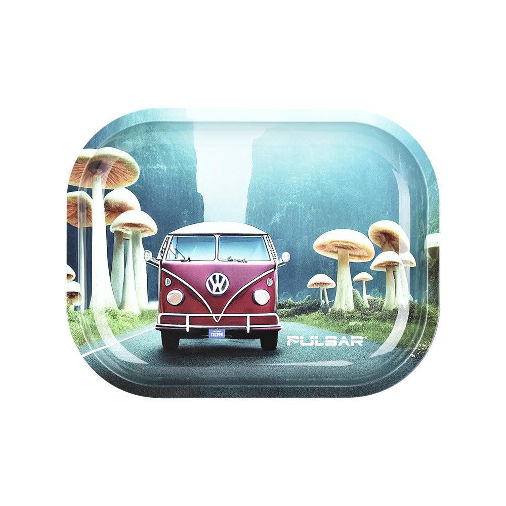 Pulsar Mini Metal Rolling Tray w/ Lid - Camper Van Shroom Trip / 7"x5.5" - SmokeWeed.com
