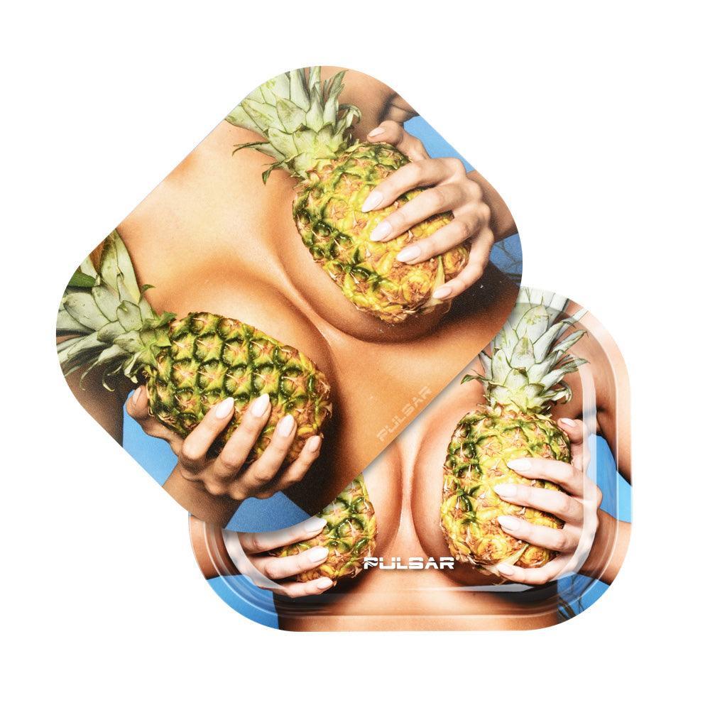 Pulsar Mini Metal Rolling Tray w/ Lid - Large Pineapples / 7"x5.5" - SmokeWeed.com