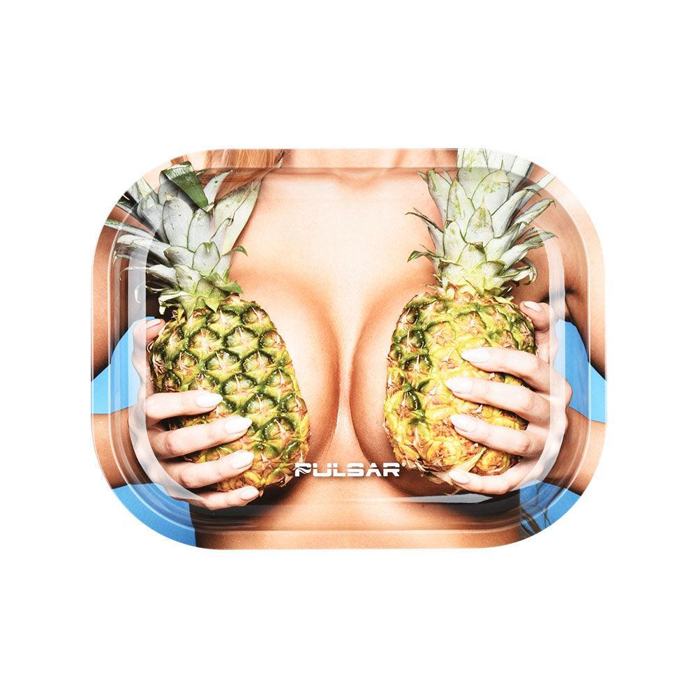Pulsar Mini Metal Rolling Tray w/ Lid - Large Pineapples / 7"x5.5" - SmokeWeed.com