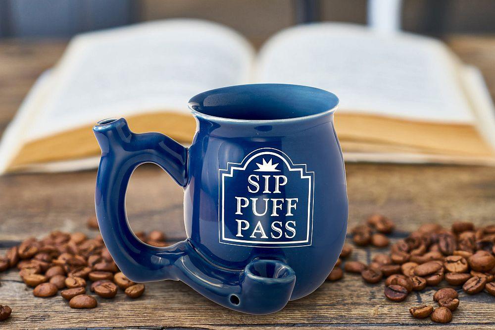 Sip Puff Pass mug - Blue with white letters - SmokeWeed.com