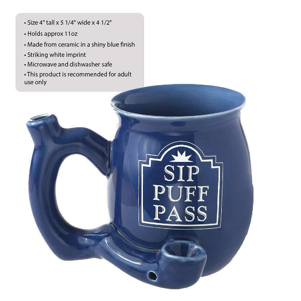 Sip Puff Pass mug - Blue with white letters - SmokeWeed.com