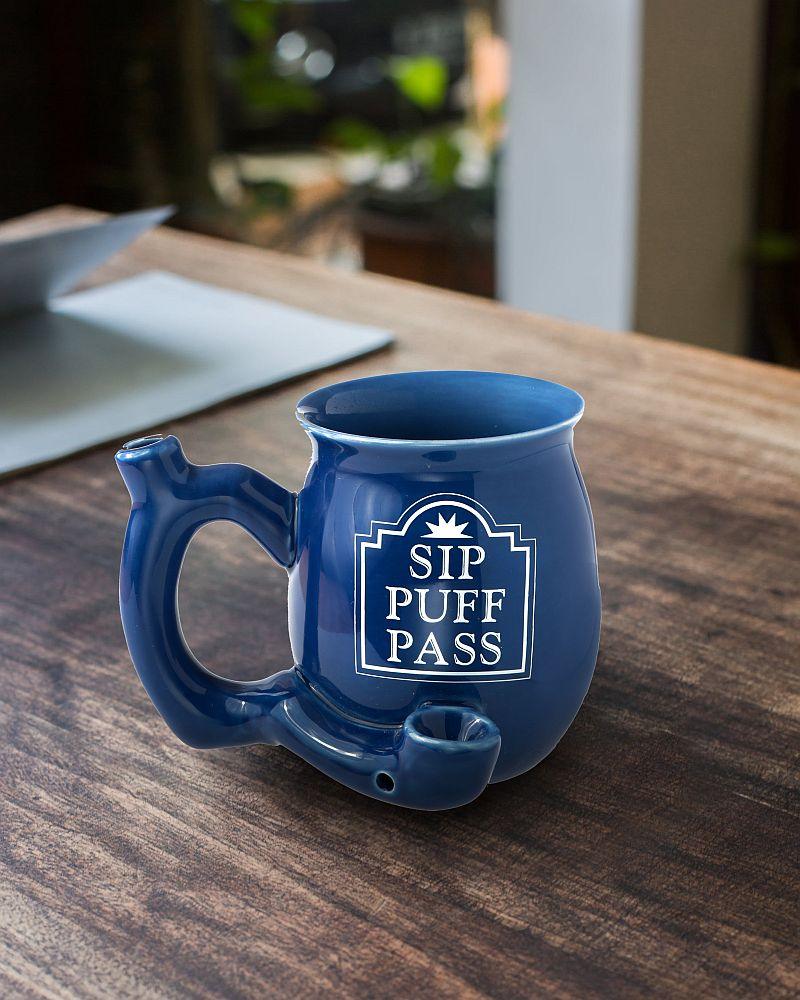 Sip Puff Pass mug - Blue with white letters - SmokeWeed.com